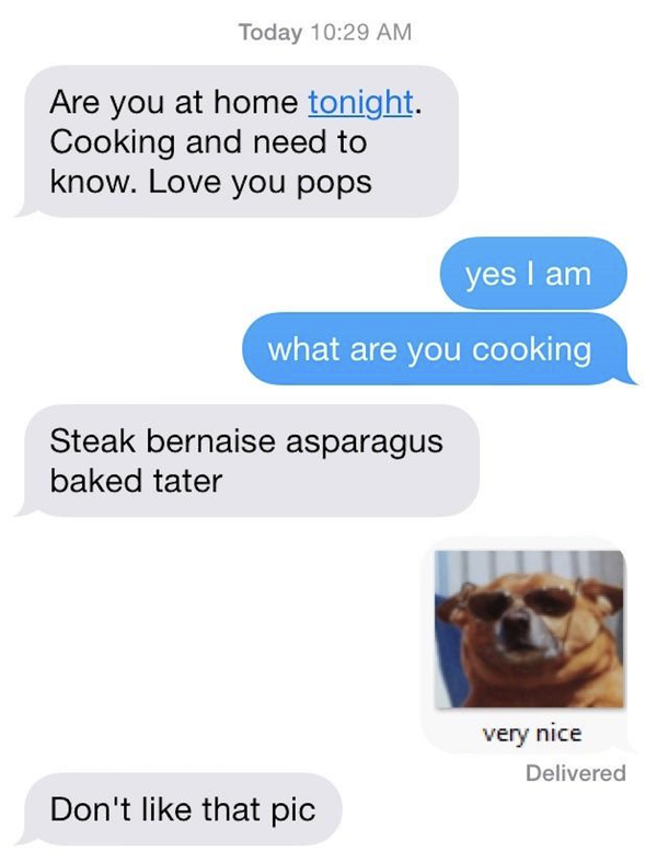 A text message exchange where one person asks if they are home and cooking, and mentions steak, asparagus, and potato. A dog meme is included. Final message is, "Don't like that pic"