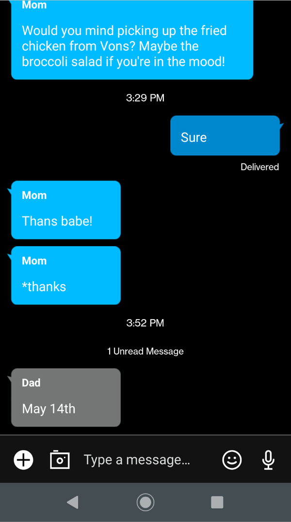 Text conversation showing messages from Mom, Dad, and the user. Mom asks for fried chicken and corrects a typo; Dad mentions "May 14th." The user responds with "Sure."