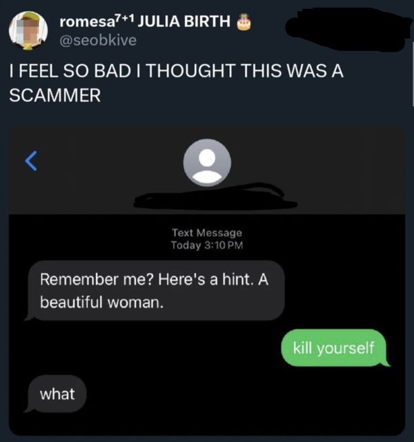 Text conversation screenshot: A person receives a message saying, "Remember me? Here's a hint. A beautiful woman." Response: "kill yourself." Reply: "what."