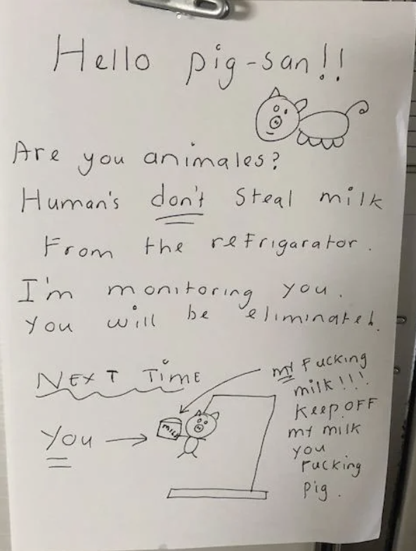 Handwritten note with drawings warning against stealing milk from the fridge, humorously addressed to a "pig-san."