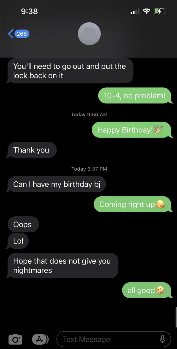 A text exchange includes a birthday wish and a humorous message about giving nightmares, with friendly and playful responses