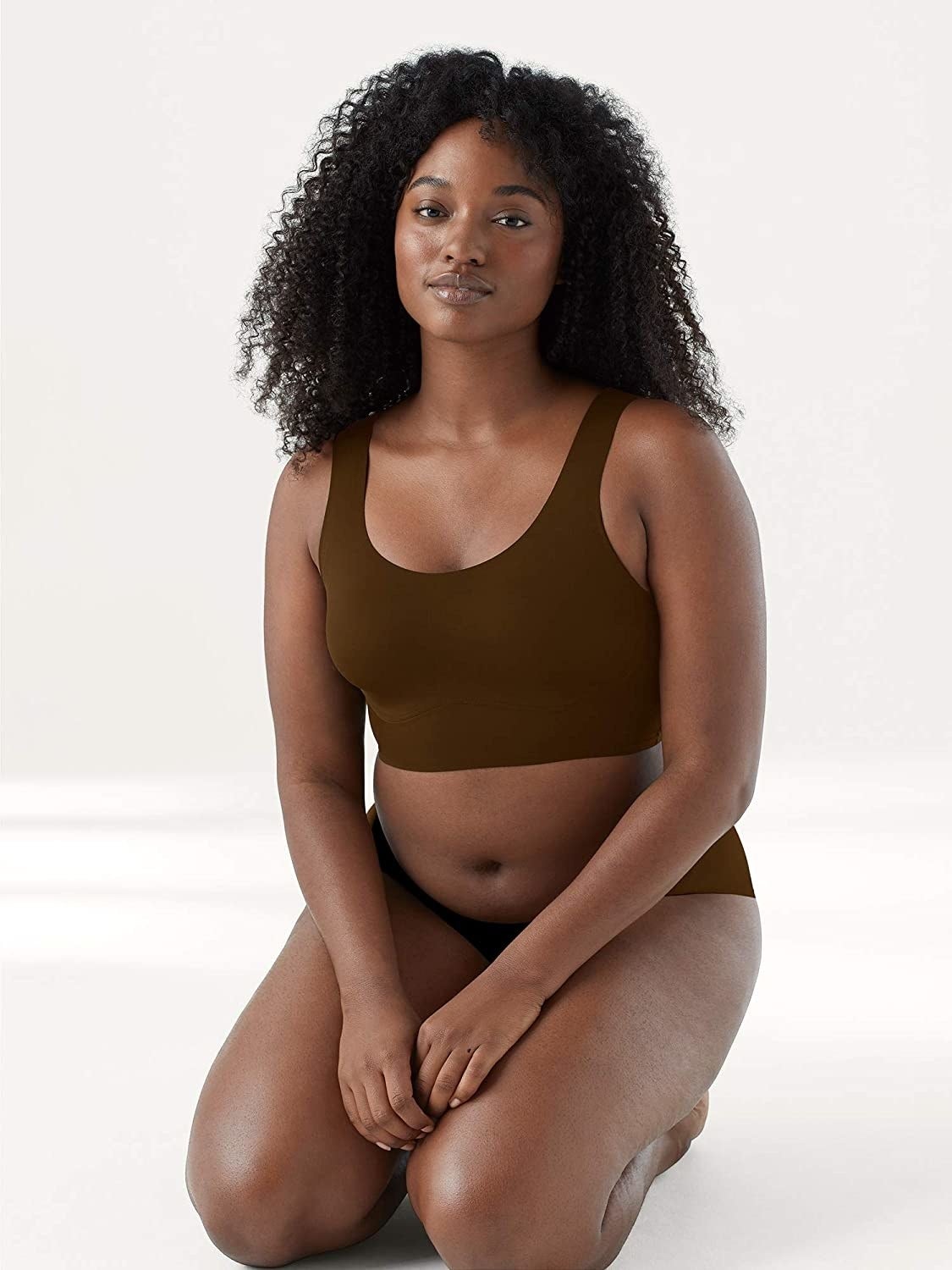 model wearing the brown scoopneck bralette