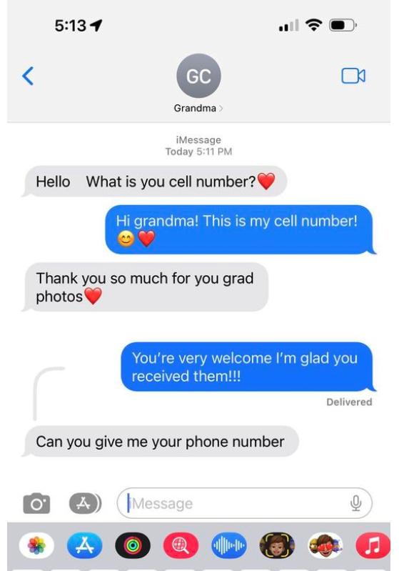 Text conversation between Grandma and their grandchild. Grandma asks for the grandchild's cell number, thanks them for grad photos, and requests their phone number again