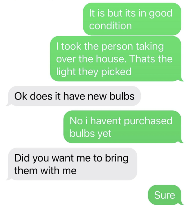 Text conversation about light bulbs for a house; one person offers to bring bulbs