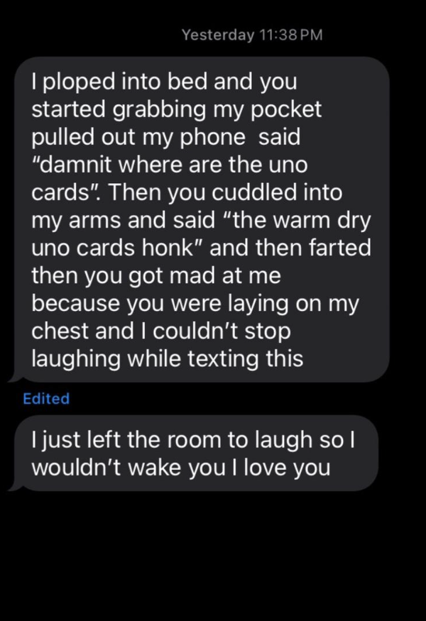 Text exchange about a humorous bedtime incident involving looking for UNO cards, cuddling, and laughter