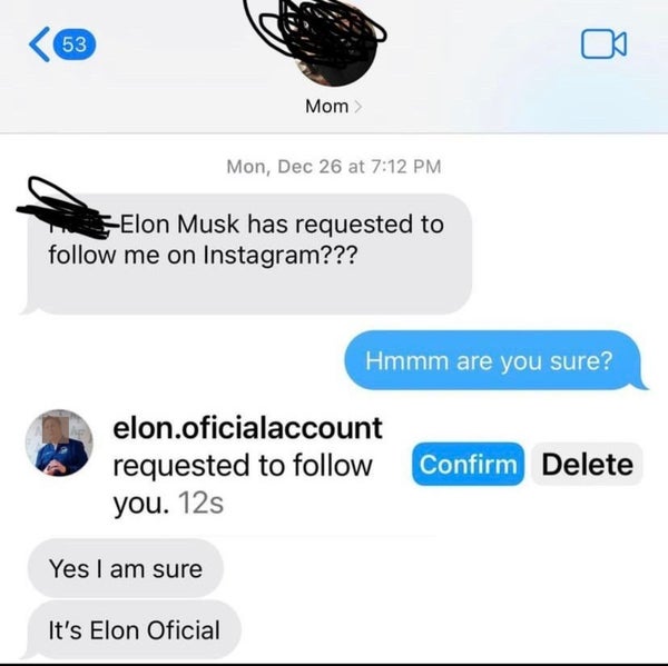 A humorous text exchange between a person and "Mom" about Elon Musk's Instagram follow request. The person asks if the follow request is real