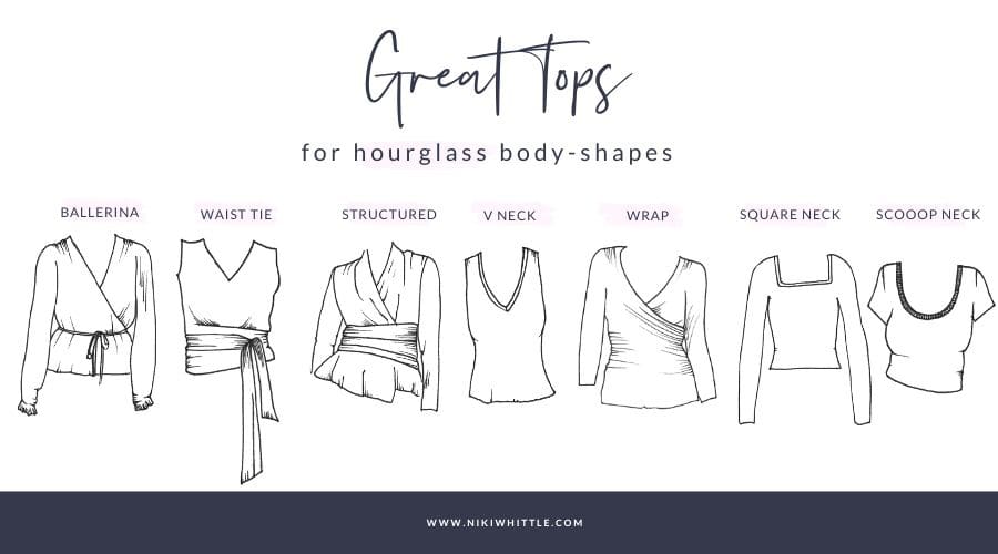 An illustration of 7 different top styles that work for an hourglass shape