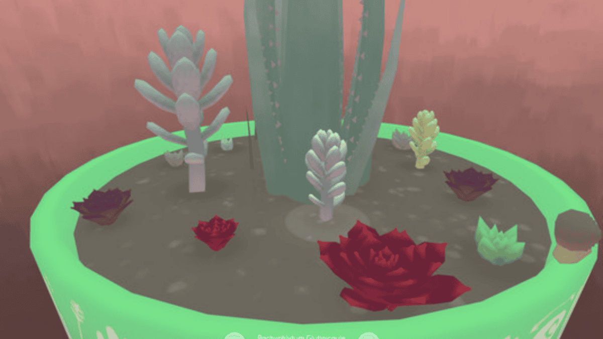 A variety of colorful succulents and cacti planted in a round pot with a green rim, perfect for plant games against a blurred brown background.