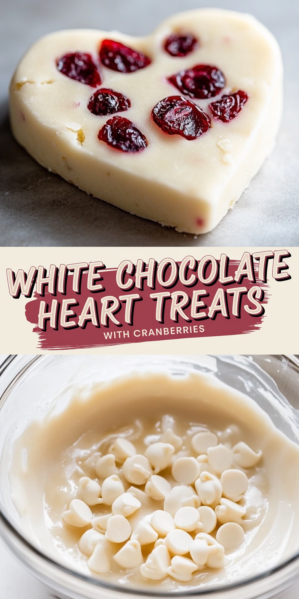 Close-up of heart-shaped white chocolate Valentine’s Day desserts topped with vibrant dried cranberries on a light surface. The creamy white chocolate contrasts beautifully with the red cranberry garnish, making it a romantic treat idea for Valentine’s celebrations.