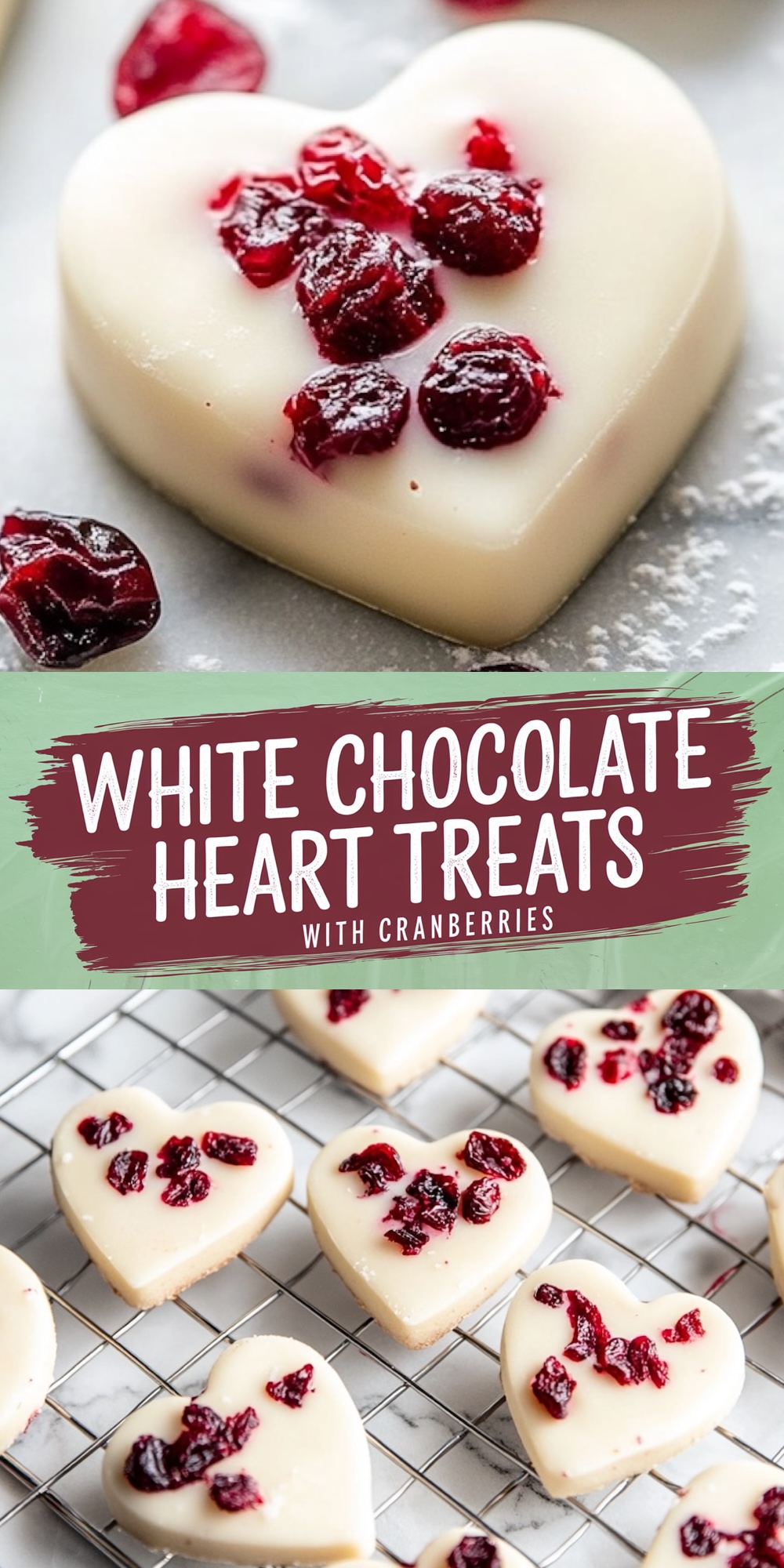 A collage showing two sections. The top features a heart-shaped white chocolate treat with cranberries on a cooling rack, highlighting the intricate detail of the cranberry toppings. The bottom showcases ingredients: a bowl of white chocolate chips, a bowl of dried cranberries, and a glass bowl of melted white chocolate, displayed on a marble surface.