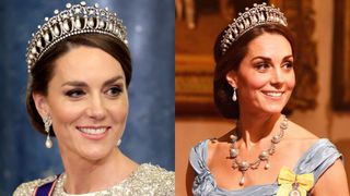 Two pictures of Kate Middleton wearing a pearl-and-diamond tiara and smiling while looking to the right