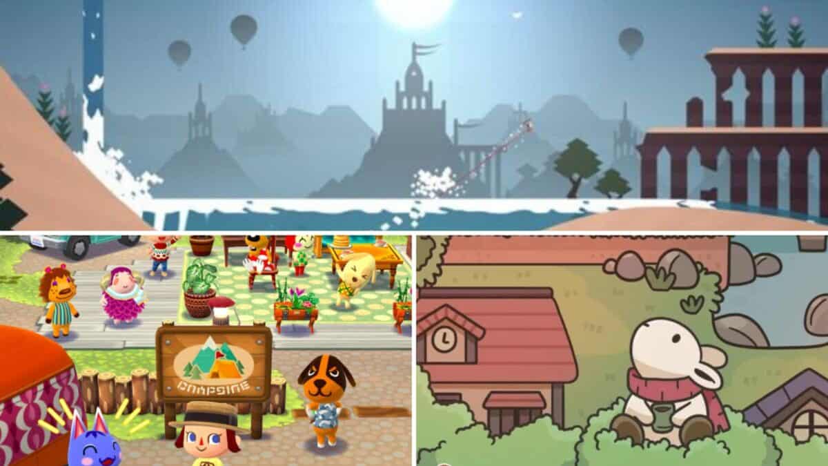 A split image showcases stylized illustrations of a medieval castle, an animated village scene with various animal characters, and a sketch of a bunny near a house in a countryside setting, reminiscent of cozy mobile games.