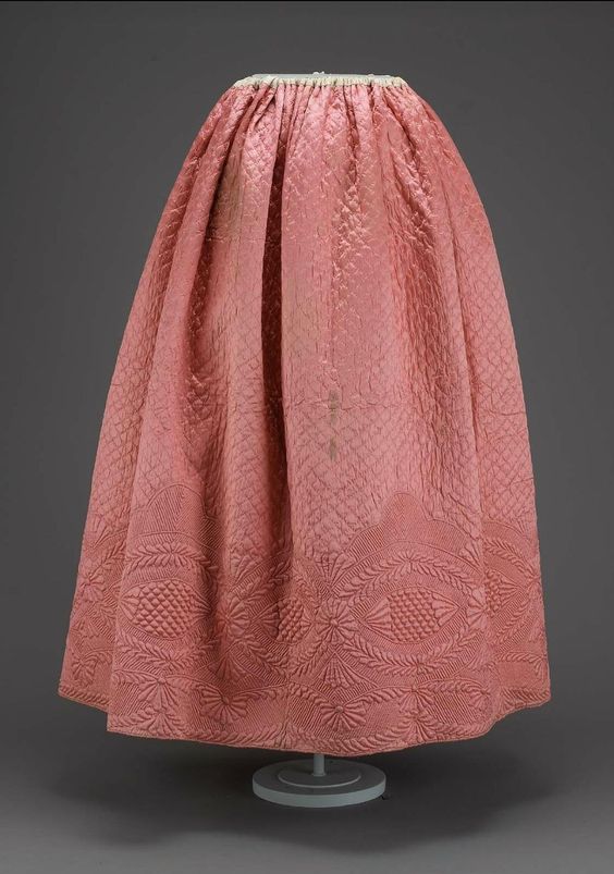 Petticoat American, Colonial, mid-18th century Massachusetts, United States DIMENSIONS 267 x 97 cm (105 1/8 x 38 3/16 in.) MEDIUM OR TECHNIQUE Quilted silk satin with linen plain weave lining quilted with silk thread; cotton drawstring, cotton plain weave waist band, silk plain weave pocket (added later) CLASSIFICATION Costumes ACCESSION NUMBER 59.454 MFA Boston