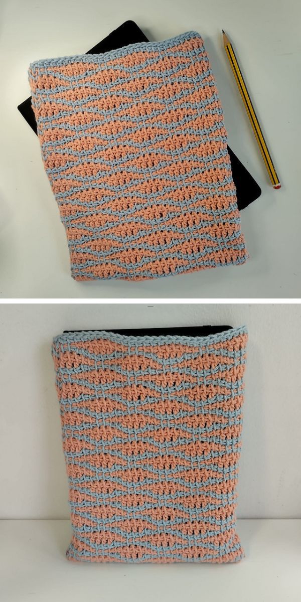 a crochet book sleeve pouch laid on the top of a book and with a book inside it