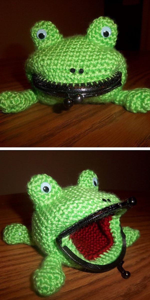 a green crochet purse shaped like a frog