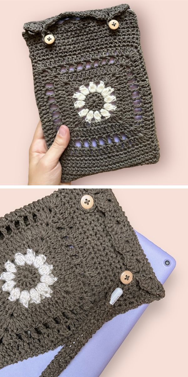 a crocheted tablet sleeve with a flower motif