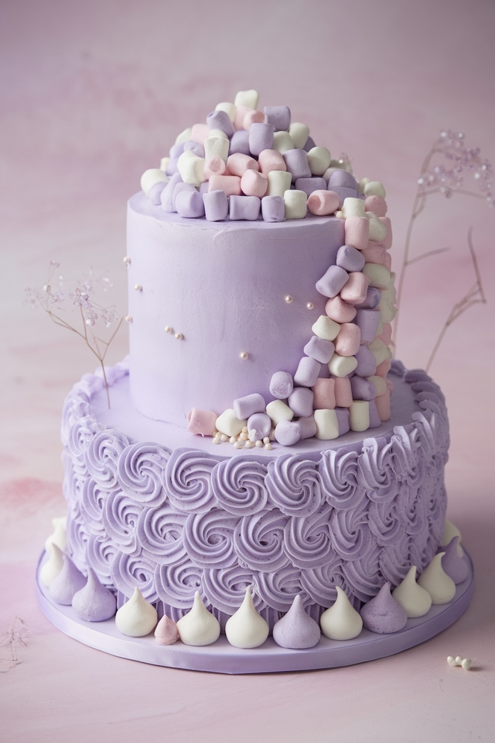 Whimsical birthday cake with lilac buttercream, topped with pastel marshmallows, showcasing a fun purple cake aesthetic.