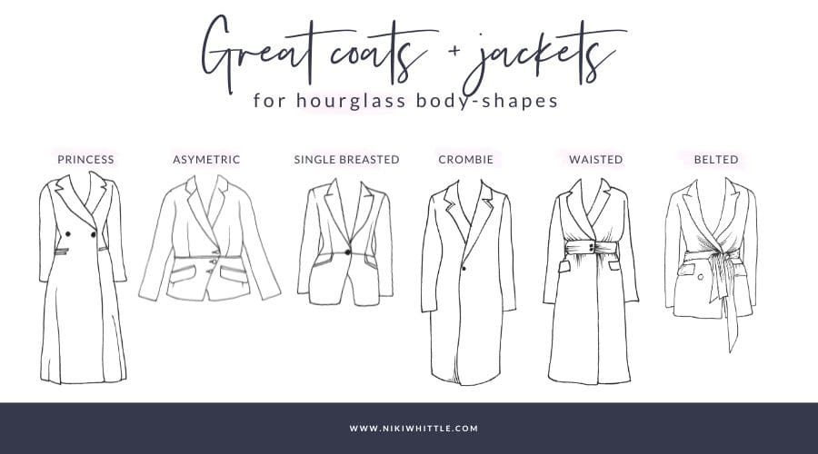 An illustrationof6 great coat, jacket and blazer styles for an hourglass shape