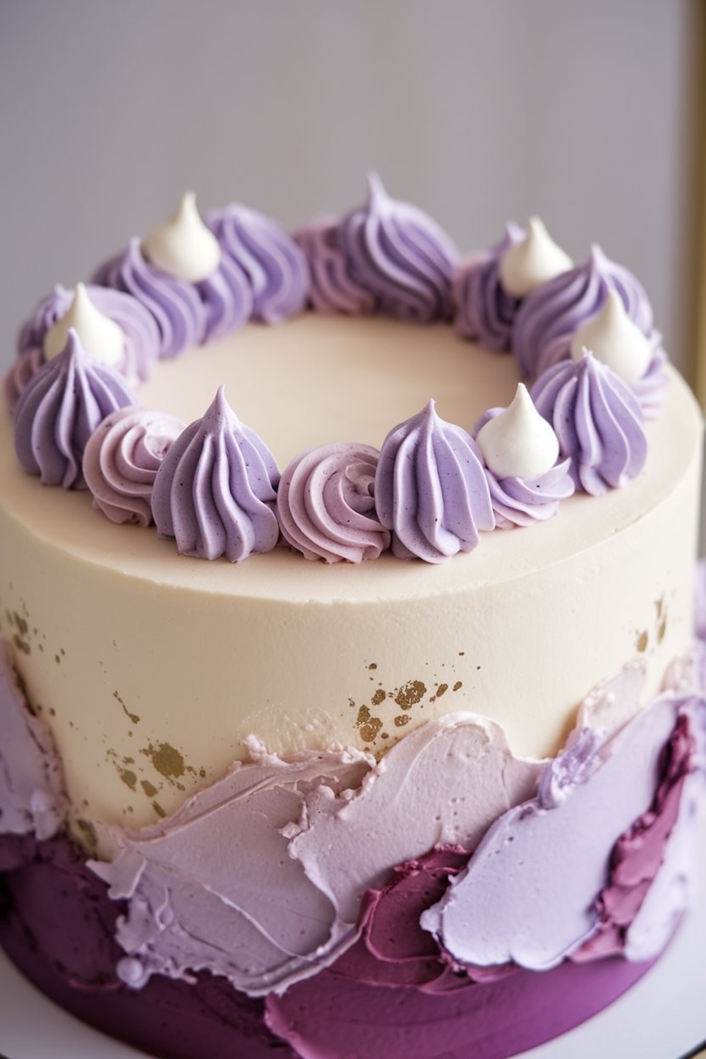 Artistic birthday cake with watercolor effect in purple and ivory, topped with lilac meringue kisses, perfect for a modern purple cake aesthetic.