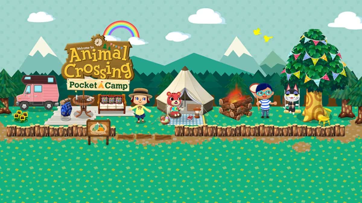 Illustration of an Animal Crossing: Pocket Camp campsite with characters, a tent, campfire, camper van, and picnic area. A "Welcome to Animal Crossing: Pocket Camp" sign is in the background, capturing the essence of this delightful phone game.