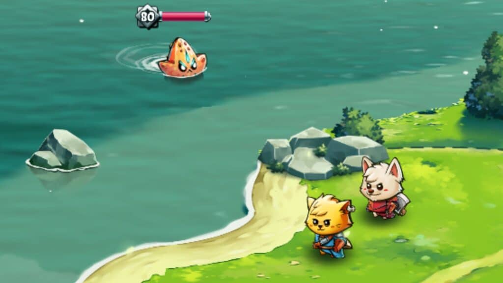 A cute screenshot of a game with a cat and a fish in the water.