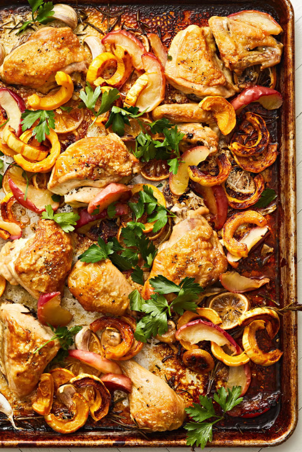 chicken apples and delicata squash on a sheet pan