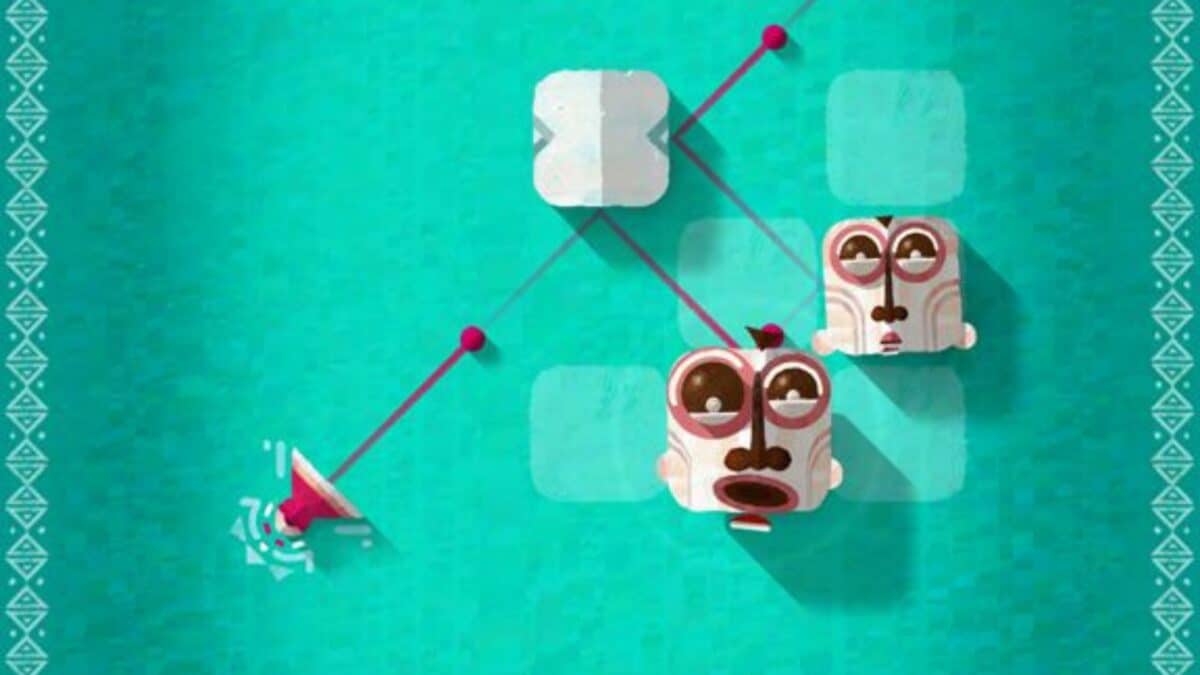 An abstract puzzle game interface with a turquoise background, featuring two white blocks with faces, connected by red lines and a red and white anchor on the left side—perfect for fans of cozy mobile games.