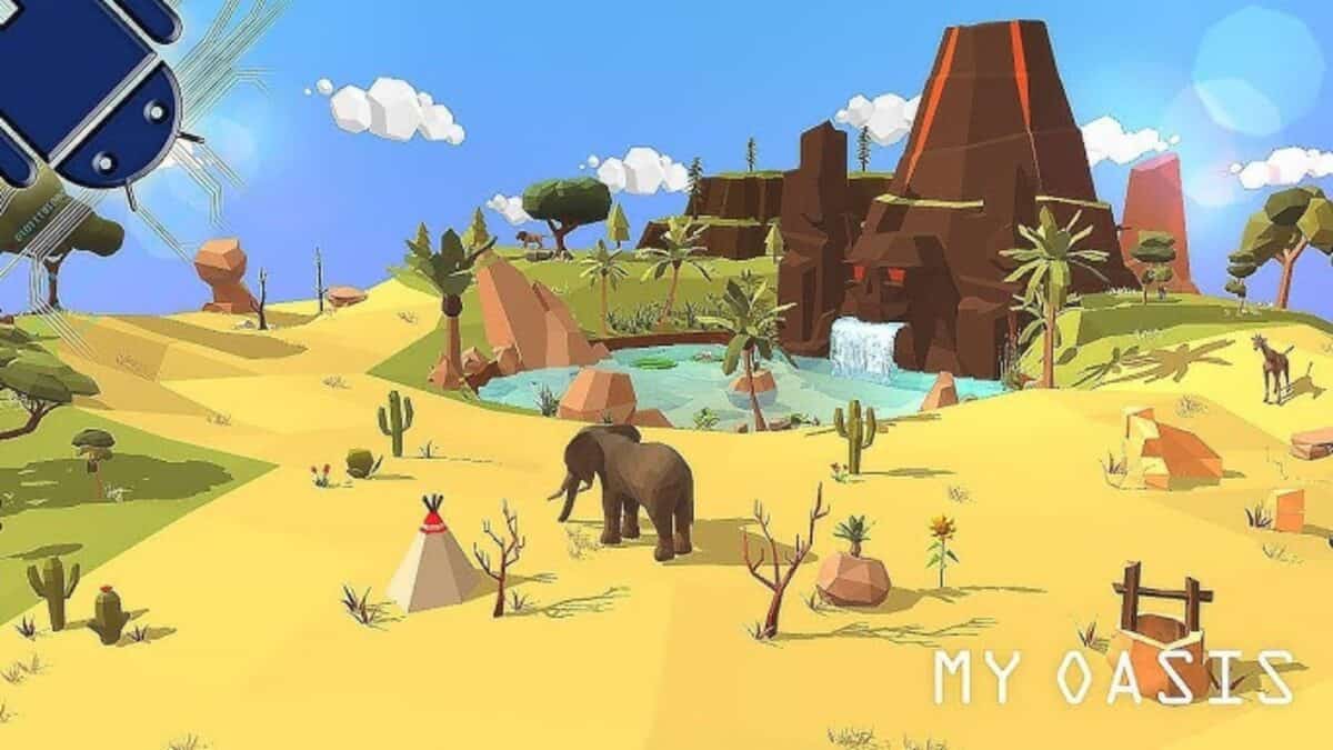 A stylized desert scene featuring an elephant, cacti, trees, and a water oasis with a small waterfall. The sky is clear with a few clouds. Text at the bottom reads "My Oasis," reminiscent of cozy mobile games.