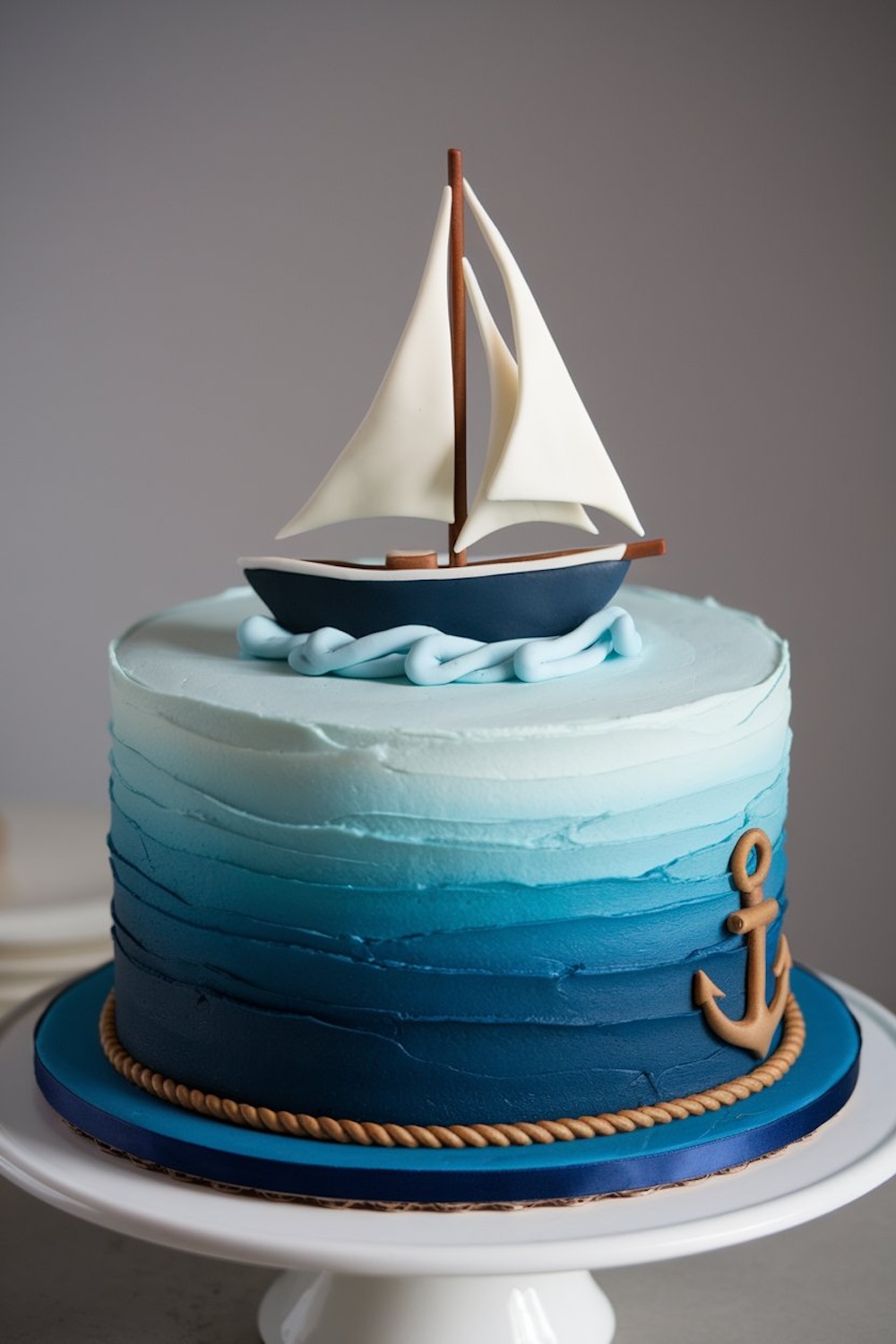 A nautical-themed cake with blue ombré layers and a sailboat topper.