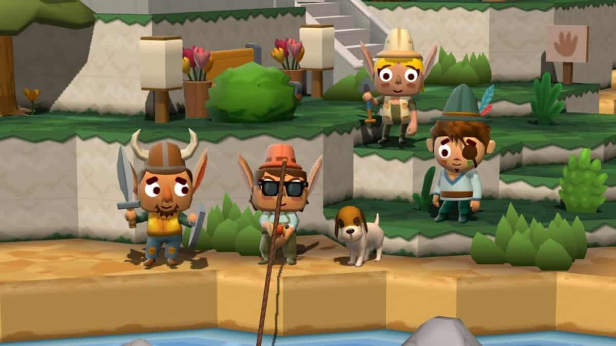 Five cartoon characters in outdoor gear stand beside a stream with fishing rods, enjoying what seems to be their favorite game. One character is accompanied by a small dog, while trees, shrubs, and flowers create a picturesque backdrop. A phone can be seen peeking out of one character's pocket.