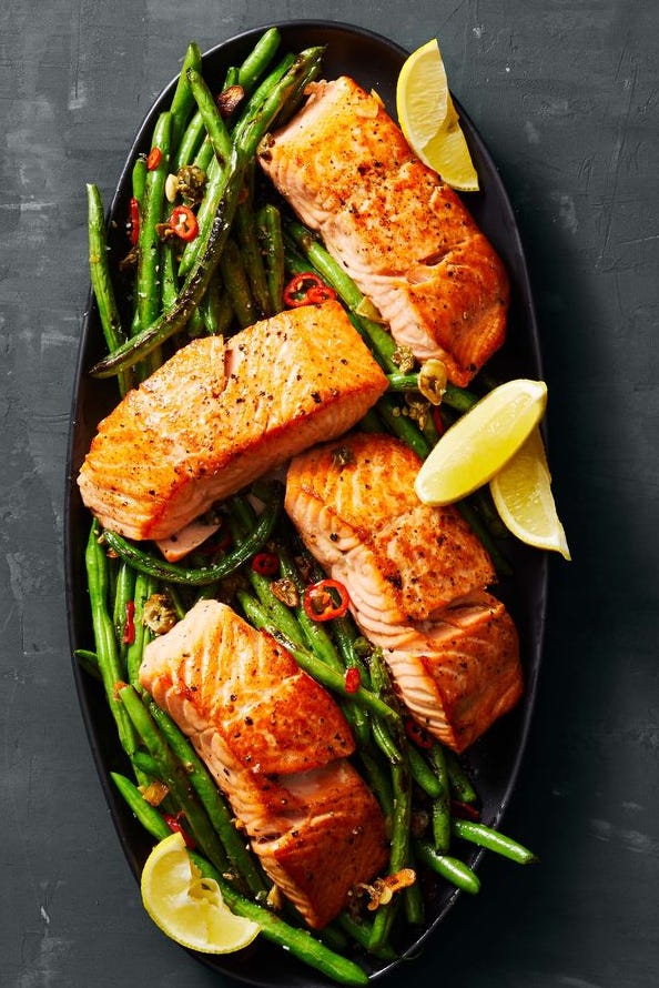 seared salmon with charred green beans