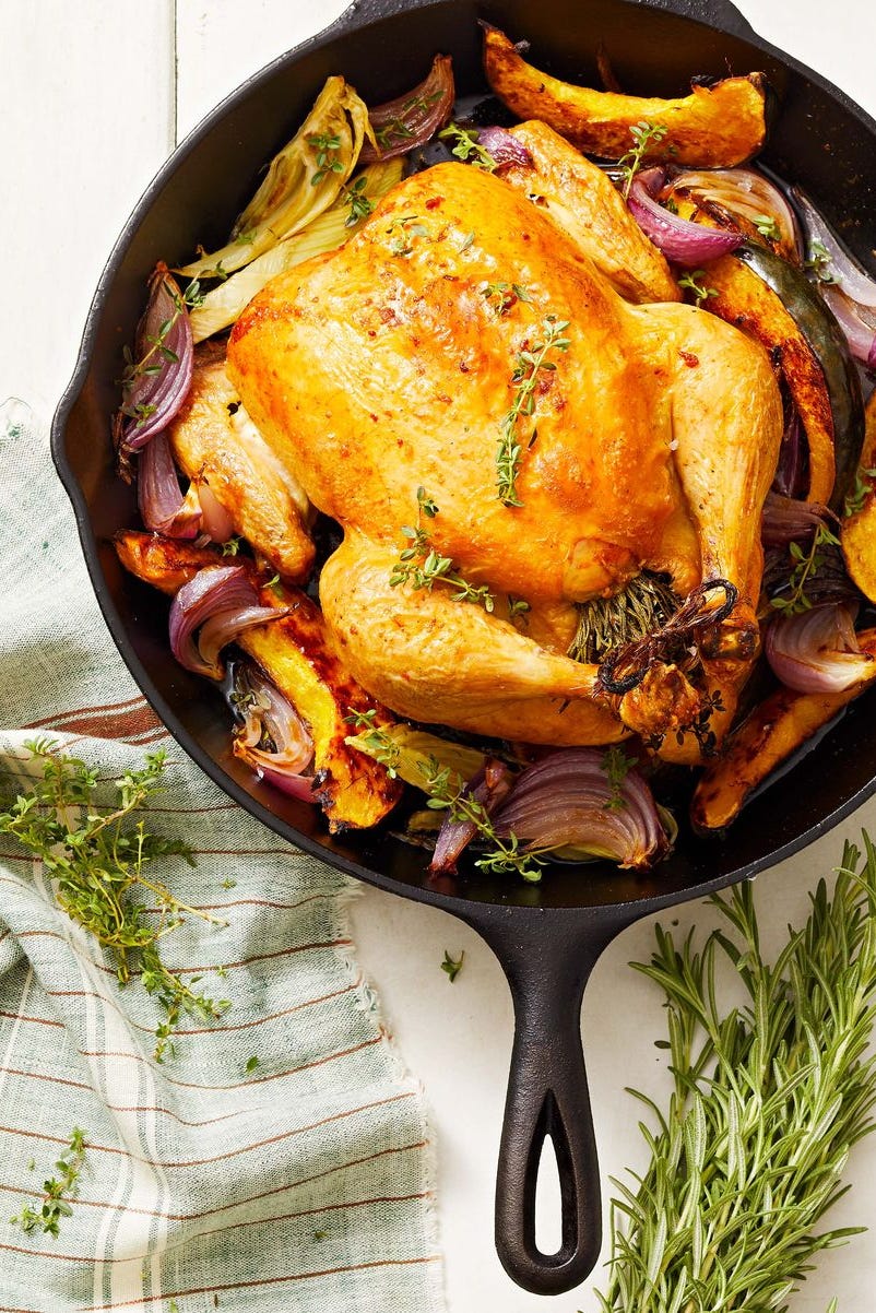 roasted chicken in a cast iron pan