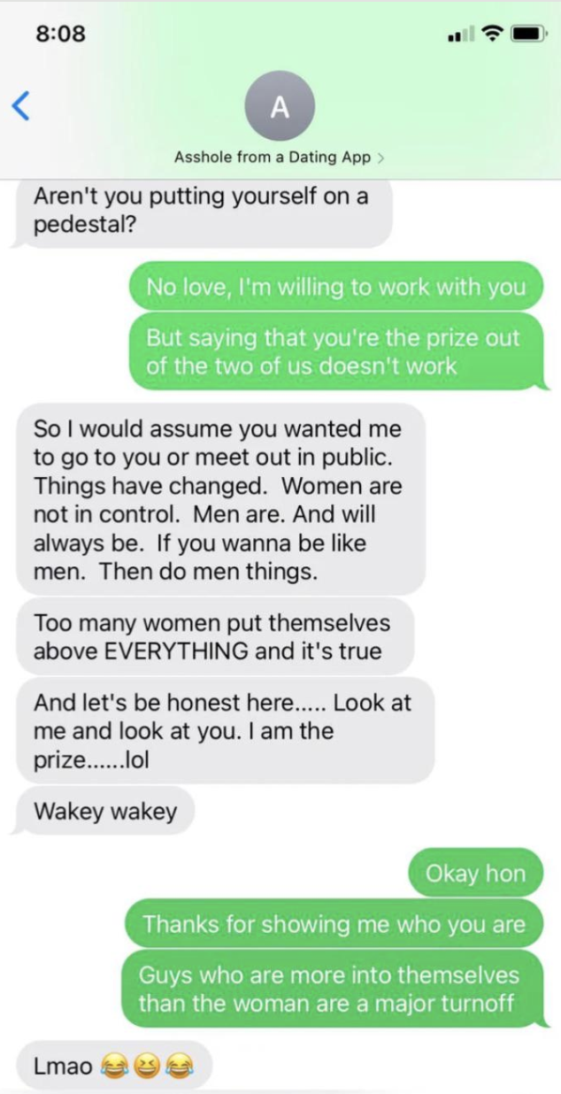 Text conversation: A man complains about women not wanting to meet in public. The woman questions his logic and responds humorously