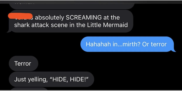 Text message conversation joking about a child screaming during the shark attack scene in The Little Mermaid. One person texted, "absolutely SCREAMING at the shark attack scene in the Little Mermaid," followed by, "Just yelling, 'HIDE, HIDE!'"