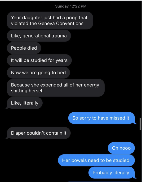 Text messages humorously discussing an explosive diaper incident with phrases about generational trauma and studying the event