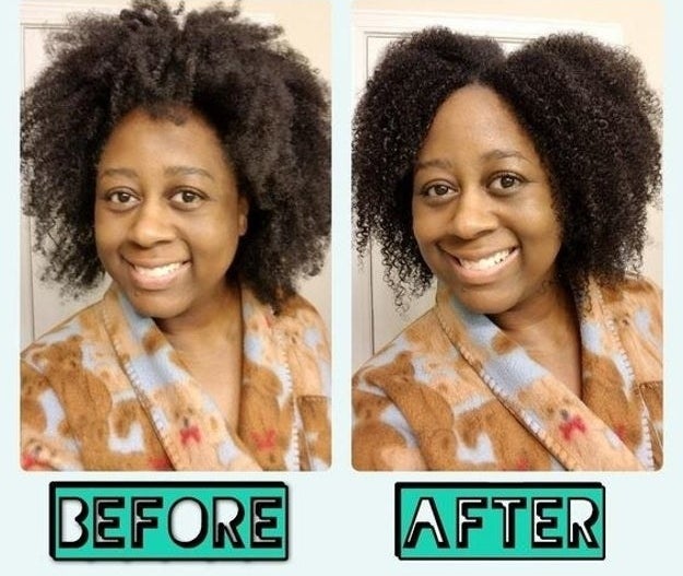 Reviewer's picture with frizzy curls and then defined curls