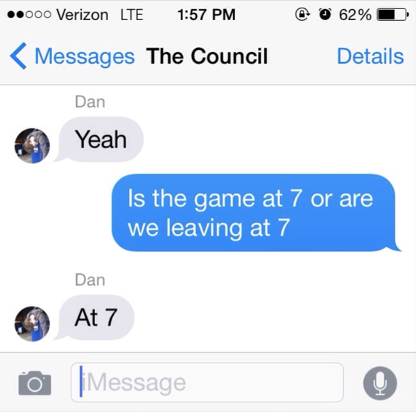 Text message conversation between Dan and an unnamed contact in a group named "The Council." Dan confirms the game is at 7