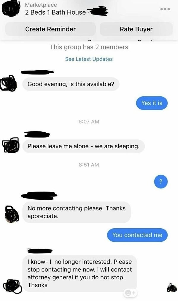 Facebook Marketplace chat. Buyer inquires about a listing, gets a response, but unexpectedly asks to stop contacting them, threatening legal action if messages continue