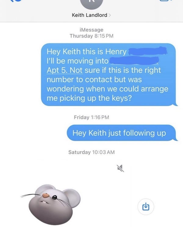 Text message conversation screenshot between Henry and Keith Landlord discussing arrangements for picking up keys for apartment 5, with a follow-up message