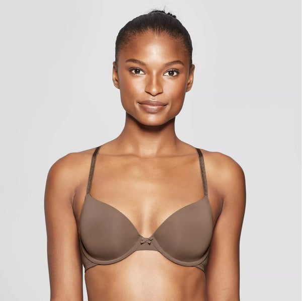 model wearing a plain, smooth-cupped bra