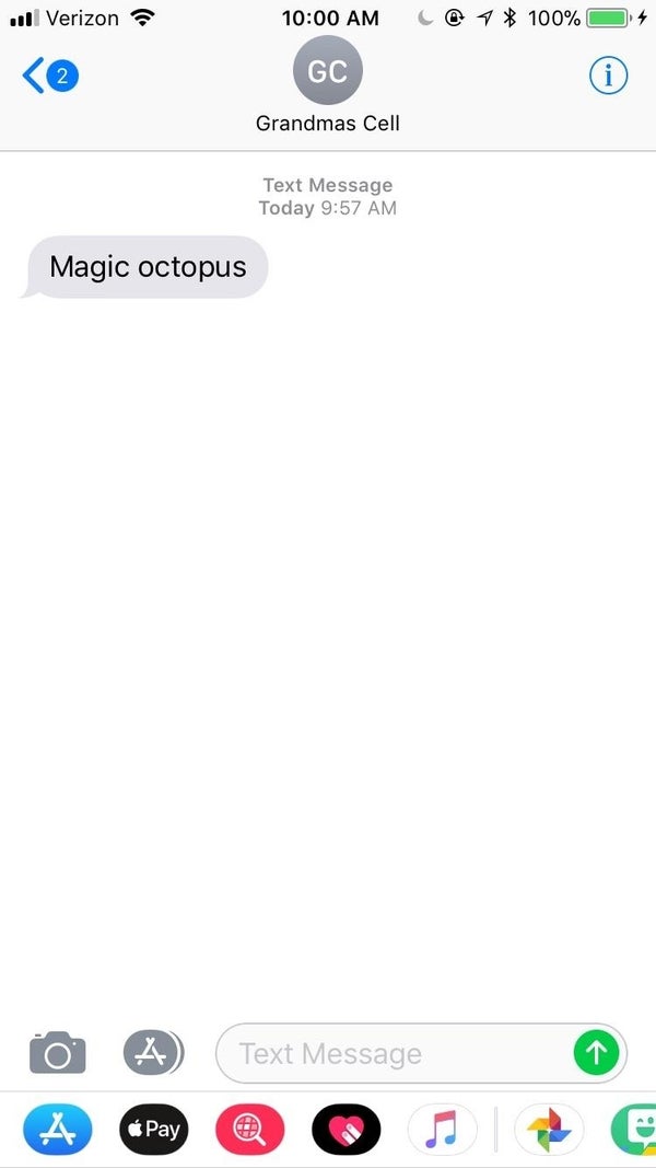 A text message from "Grandmas Cell" reads "Magic octopus" on an iPhone screen