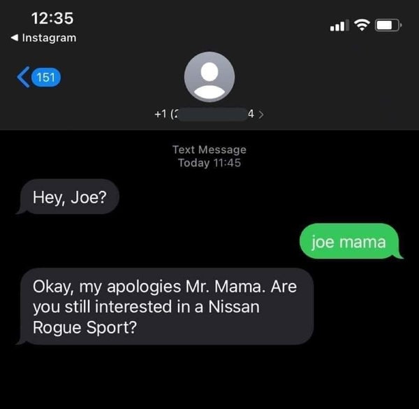 Text message joke exchange about "Joe Mama" with a humorous sales inquiry response regarding interest in a Nissan Rogue Sport