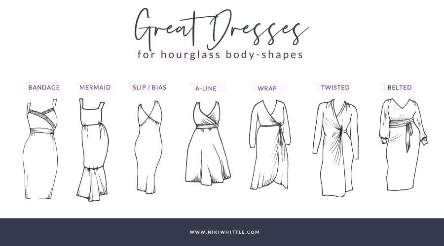 An illustration of the 7 best dress styles for an hourglass shaped woman