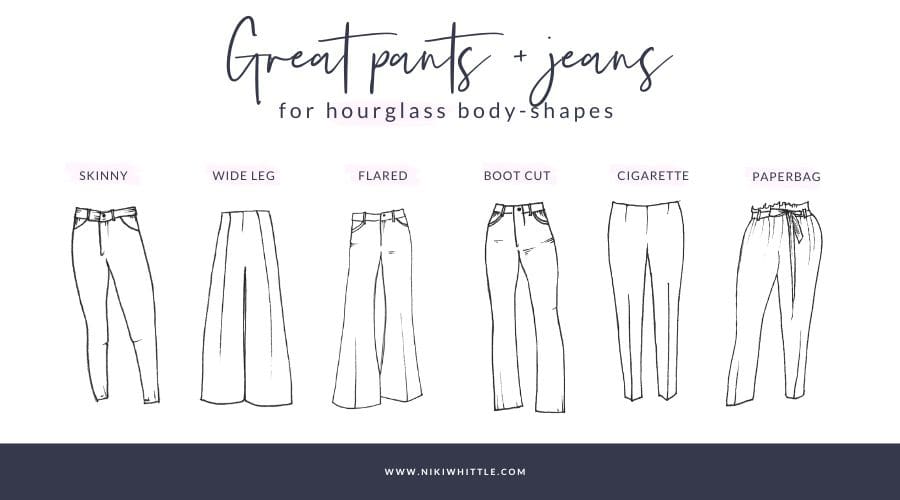 An illustration of 6 great pant styles for an hourglass shape