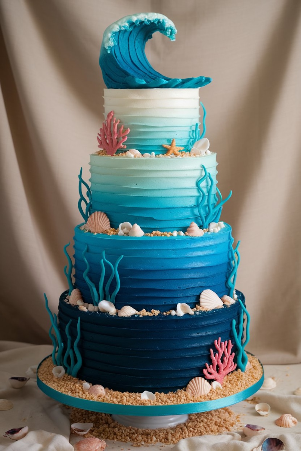 Under the Sea Cake – Ocean-inspired cake adorned with waves, seashells, and coral.
