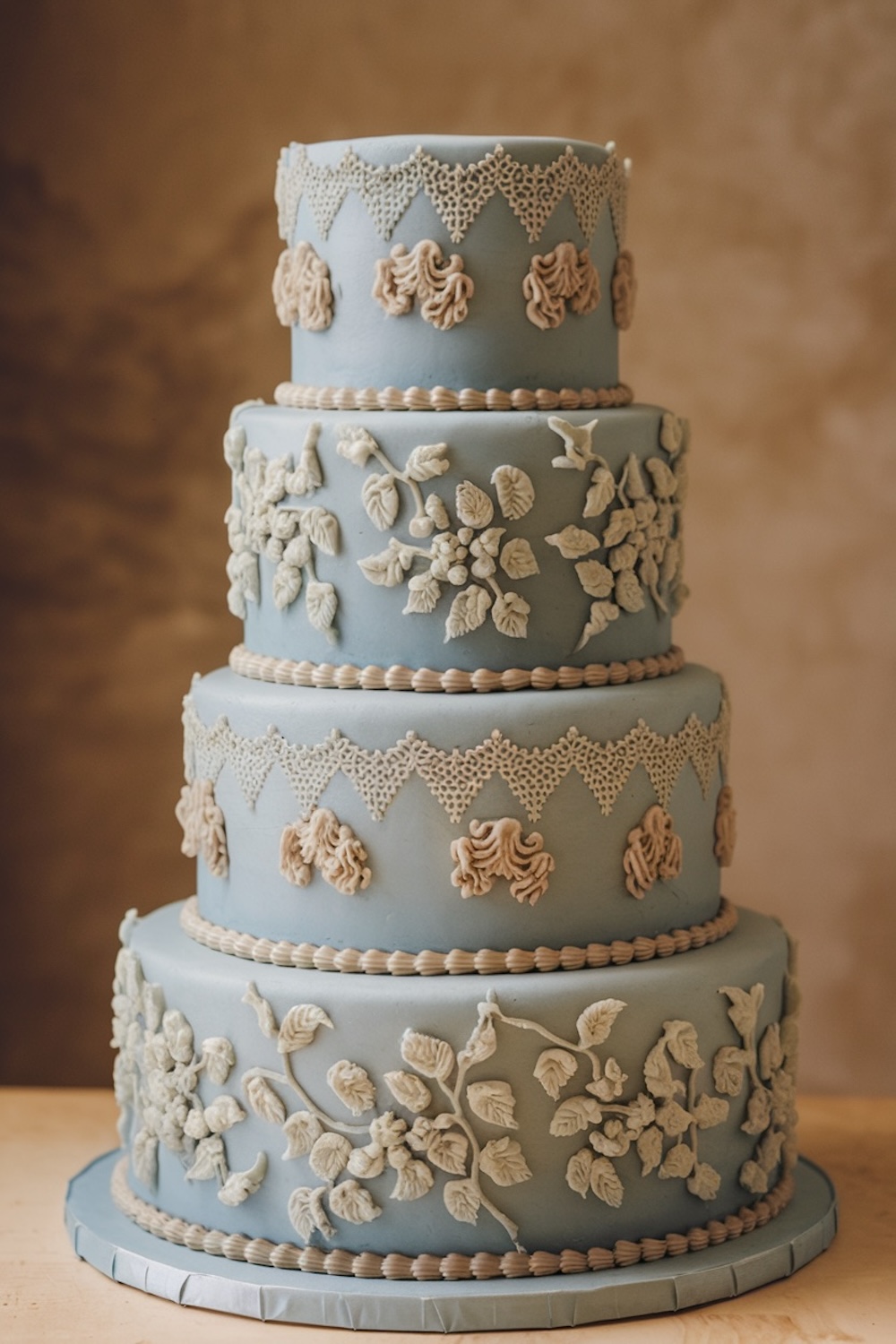 Vintage Elegance Cake – Vintage-style blue cake with lace and floral decorations.
