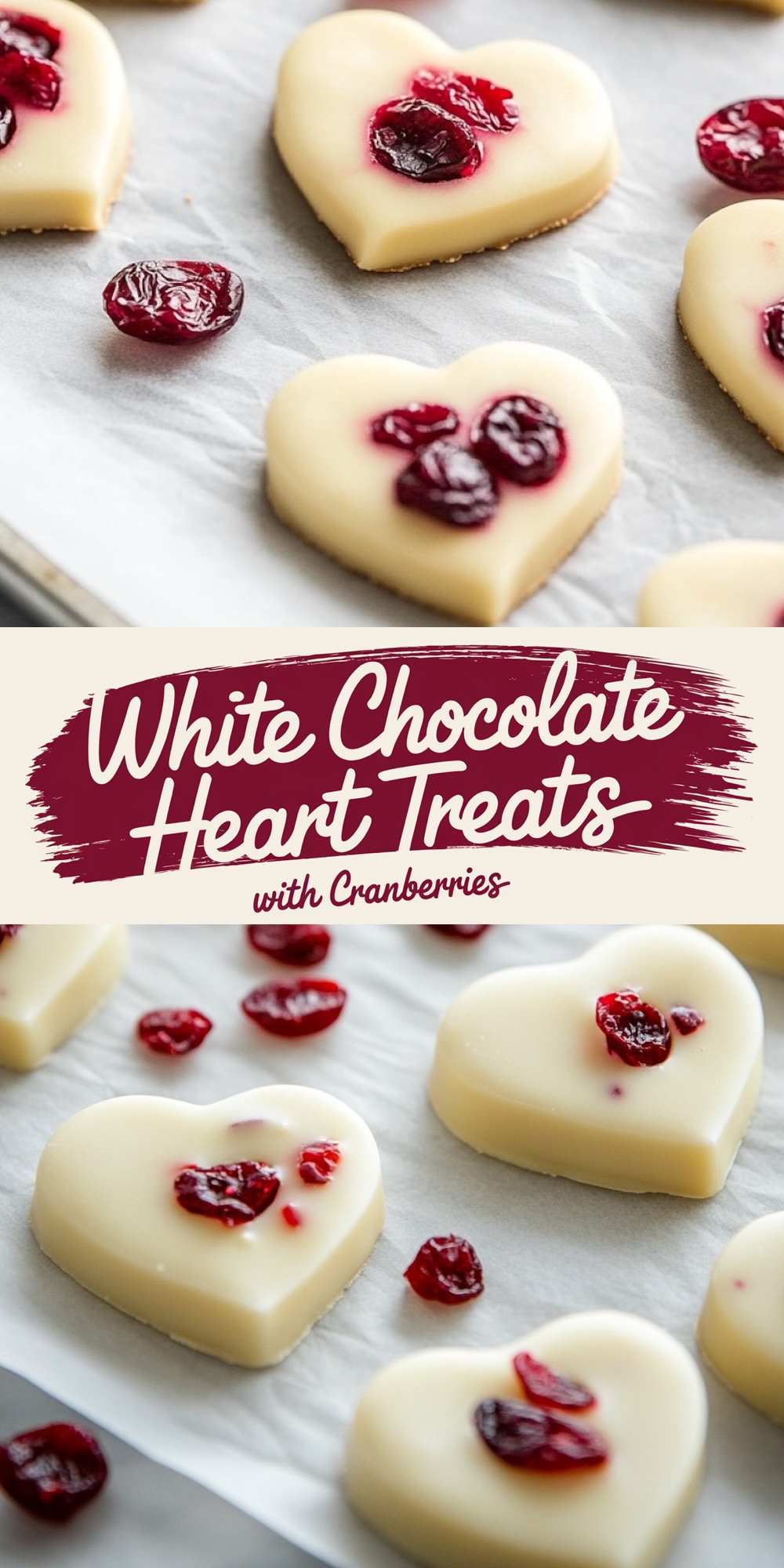 Multiple heart-shaped white chocolate treats with dried cranberry toppings arranged neatly on a wire cooling rack. The glossy cranberries and smooth white chocolate surface add a festive and elegant look to this dessert idea.