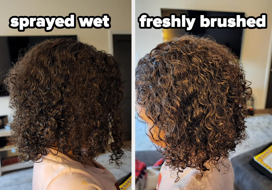 before/after showing curly hair that's been brushed through