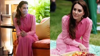 Two photos of Kate Middleton wearing the same long-sleeved pink dress, one wearing a mask, one sitting in grass