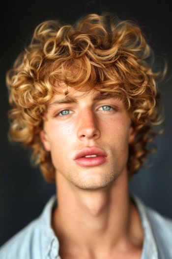 Curly Tapered Shag Hairstyle on a man with blonde hair with dark background.